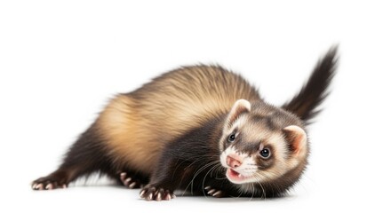 Obraz premium Cute Ferret Lying on White Background with Playful Expression