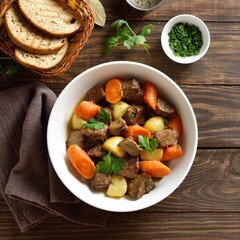 Beef meat stewed with potatoes, carrots and spices