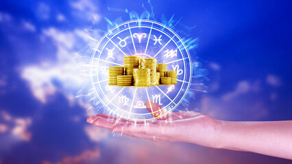 Horoscope with zodiac signs and money coins like astrology and money and astrology and wealth...