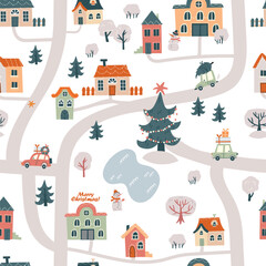 Vector seamless pattern with city map, streets, houses and cars.