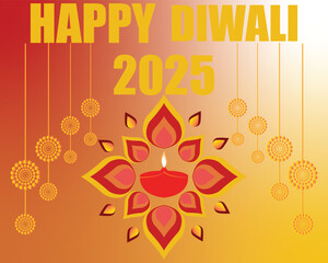 Fototapeta premium Happy Diwali 2025 festival greeting card design.Colorful Happy Diwali 2025 greeting card with diya lamp, rangoli floral decoration, and ornaments celebrating the Indian festival of lights.EPS 10/ AI.