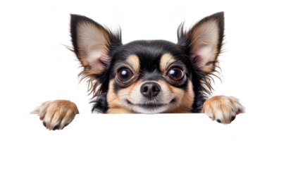 A cheerful Chihuahua peeking over a blank white surface. with its large expressive eyes and perked ears. conveying curiosity and playfulness. ideal for pet-related content and promotions