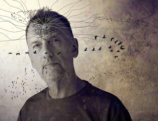 Creative concept of a man with abstract lines and birds emerging from his head