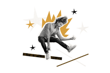 Composite photo collage of excited wild happy man jump rock concert guitar invisible imitation rock roll isolated on painted background