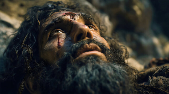 The final moments of the giant Goliath from the bible, a close-up of a dying warrior's face in pain and agony, the defeated philistine champion with a head wound.