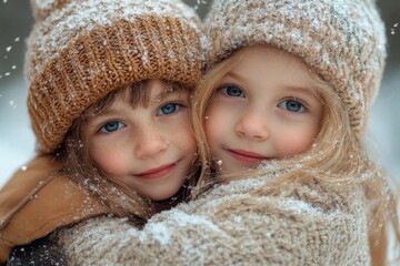 little girls in winter clothing hugging each other.