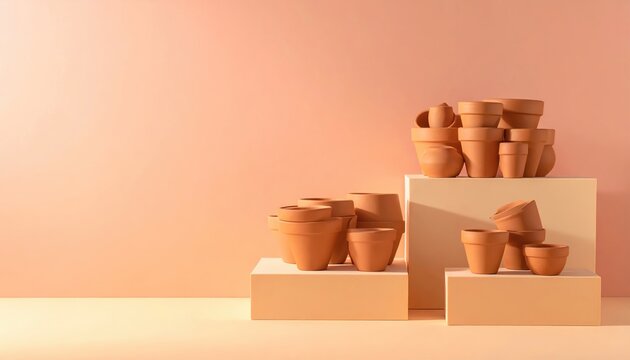 Minimalist composition of terracotta clay pots on display pedestals against a warm peach background with copy space.