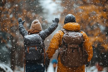 people standing in snow wearing winter clothing.