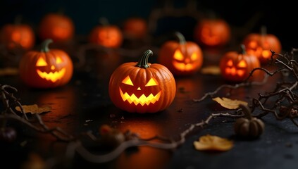 Fototapeta premium Decorative Arrangement of Halloween Pumpkins with Carvings on Black Background