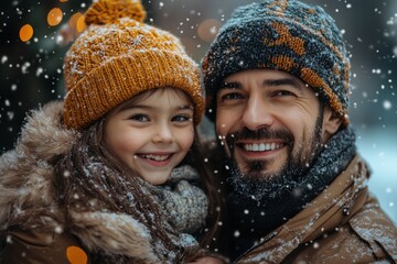 Man and little girl in winter clothes.