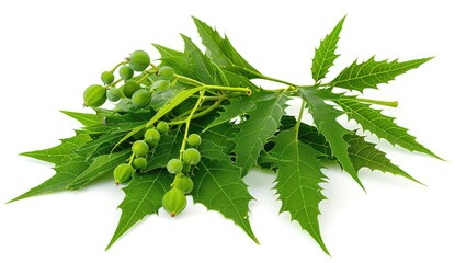 A close-up shot of a sprig of neem, showcasing its vibrant green leaves and immature, round fruits against a stark white backdrop.  The leaves exhibit serrated edges and a rich, healthy green hue
