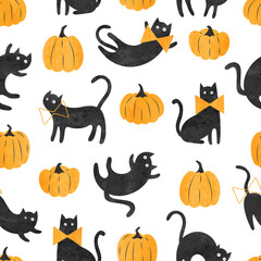 Halloween print. Seamless pattern with watercolor cats and pumpkins