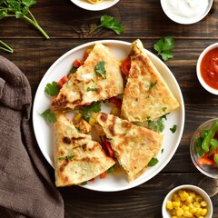 Chicken quesadilla with fresh vegetables on wooden table
