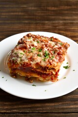 Lasagna with ground beef, ricotta cheese and tomato sauce