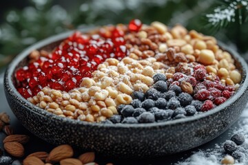 Bowl filled with nuts and berries.
