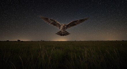 Fototapeta premium Owl flies over a grassy plain under a starfilled night sky