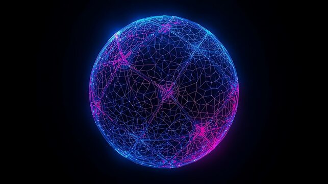 A glowing sphere composed of interconnected lines and nodes, pulsating with vibrant blue and pink light against a dark background.