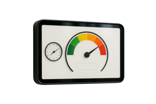 Black rectangular dashboard with a colorful gauge and analog clock, isolated on white background, concept of performance or speed, Ai generative