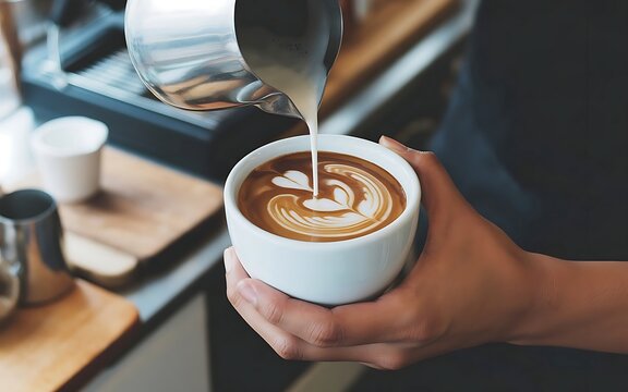 Making coffe latte art at cafe by barista