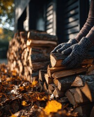 Stacking firewood near rustic cabin in autumn for seasonal warmth and home comfort