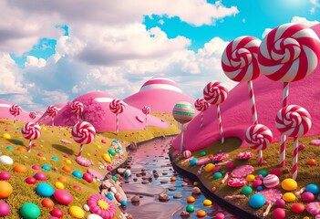 Whimsical candy landscape, vibrant colors, lollipop trees, gumdrop hills, chocolate river, digital art, landscape