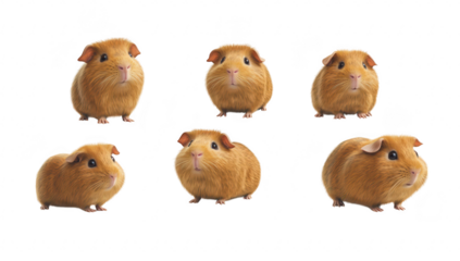 A playful arrangement of six adorable guinea pigs with fluffy golden fur. each displaying unique expressions. set against a clean white background. ideal for animal lovers and pet-themed projects