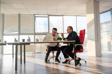 Two Caucasian men solve problems at work. 