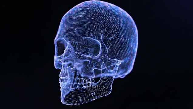 Blue neon point cloud skull in holographic render with smooth seamless rotation.