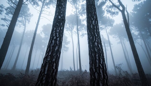 Looking up through tall pine trees in a mysterious foggy forest.