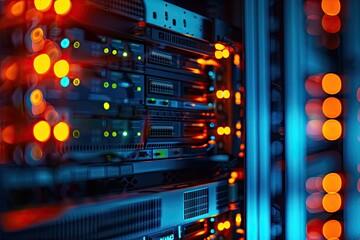 A close-up shot of server racks in a data center, illuminated with red and blue lights, showcasing intricate hardware and connectivity