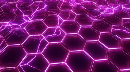 A futuristic hexagonal grid with glowing purple energy lines and lightning effects.