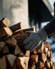 Winter firewood preparation with gloved hand stacking wood logs outdoors