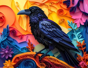 A decorative papercraft portrait of a crow or raven. This magical and mystical artwork, made of coiled paper, is a perfect symbol for the Halloween season.