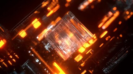 Close up view of a glowing transparent cube set against a dark background of intricate circuitry. Orange and red light accents the cube. - Powered by Adobe