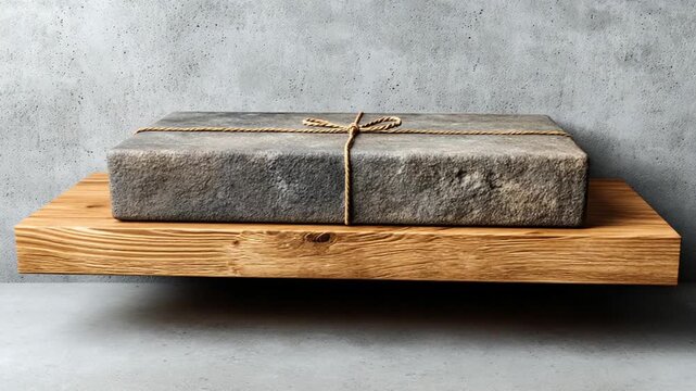 Wrapped package on wooden shelf