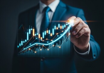 A businessman in a suit and tie touches a futuristic, holographic stock market chart. The chart shows a glowing candlestick graph with a rising arrow, indicating a bullish trend. The dark background h