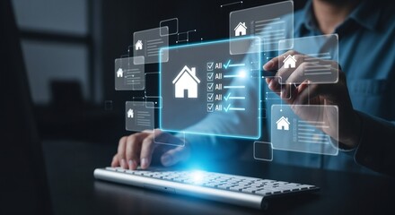 A person in a blue shirt sits at a dark desk with a keyboard, using a glowing stylus to interact with a large, transparent holographic interface. The interface shows a central house icon and a digital