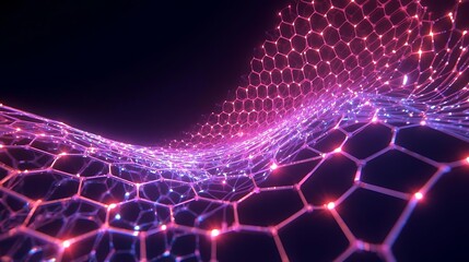 Abstract visualization of a glowing hexagonal molecular structure with interconnected nodes, representing a futuristic network or scientific concept.