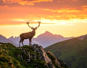 Fototapeta premium Majestic stag at sunset atop mountain peak