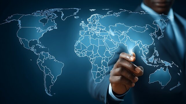 Businessman Drawing World Map with Digital Pen on a High-Tech Interface in an Office Environment