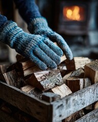 Cozy winter comfort with firewood and warm gloves by the fireplace