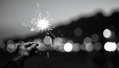 Monochrome image of a hand holding a sparkler during Diwali Celebration 2025, with bokeh lights and dark mountain silhouette in the background.