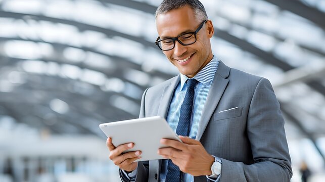 Businessman in Formal Suit Using Tablet Device in Modern Office Environment with Bright Natural Light and Open Spaces