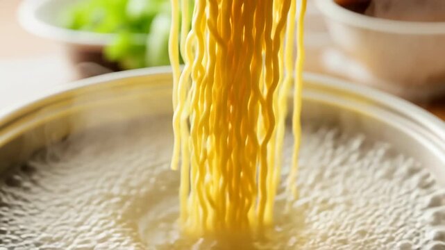 Cooking instant ramen noodles in boiling water with chopsticks