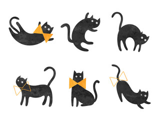 Cute watercolor black cats with orange bows. Halloween vector set