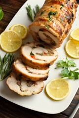 Stuffed pork tenderloin loaded with fried mushrooms, onion, red