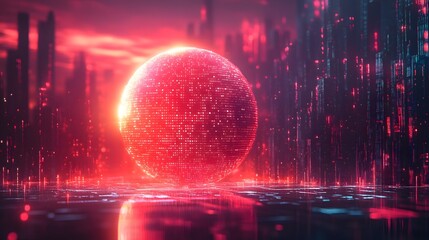 Bola digital futuristik bersinar di cakrawala kota data abstrak