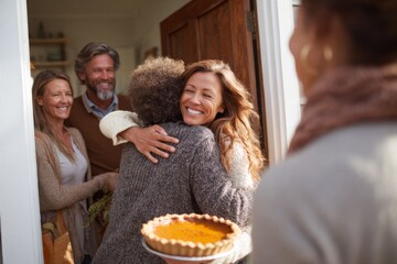 A woman hugs another holding a pie as two other people smile from inside the house.