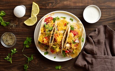 Tacos with vegetables, chicken meat and cheddar cheese over wood
