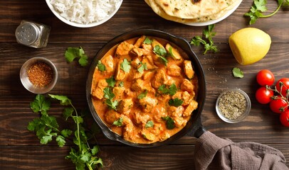 Chicken tikka masala curry in cast iron pan on wooden background